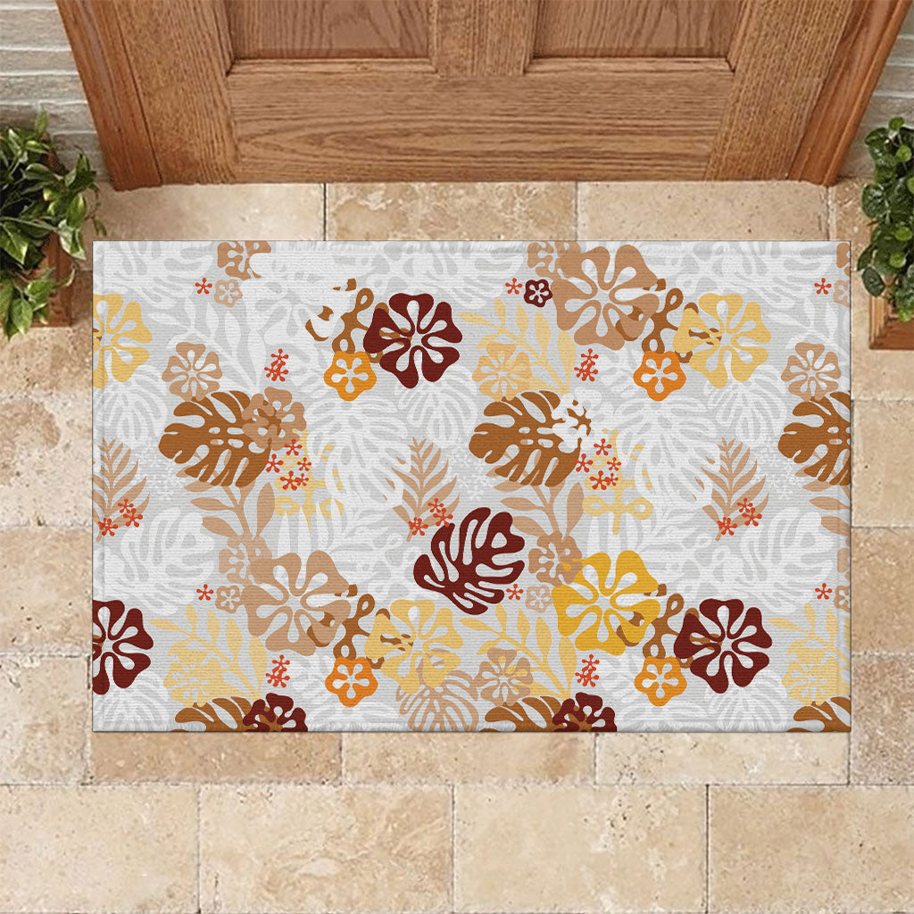 Brown Aloha Hawaiian Rubber Doormat Monstera Hibiscus Tropical Pattern