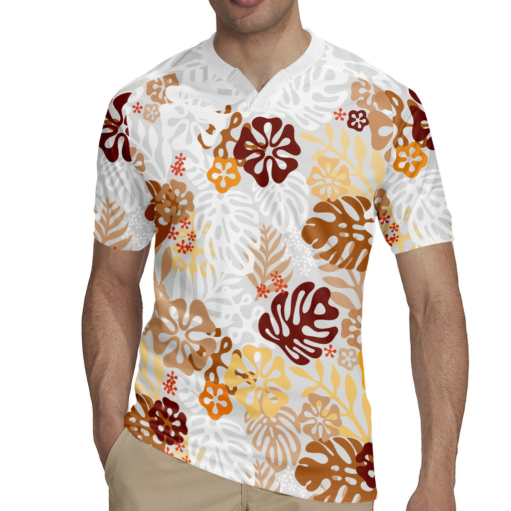 Brown Aloha Hawaiian Rugby Jersey Monstera Hibiscus Tropical Pattern