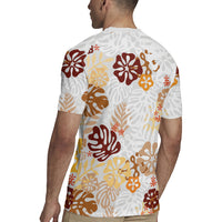 Brown Aloha Hawaiian Rugby Jersey Monstera Hibiscus Tropical Pattern
