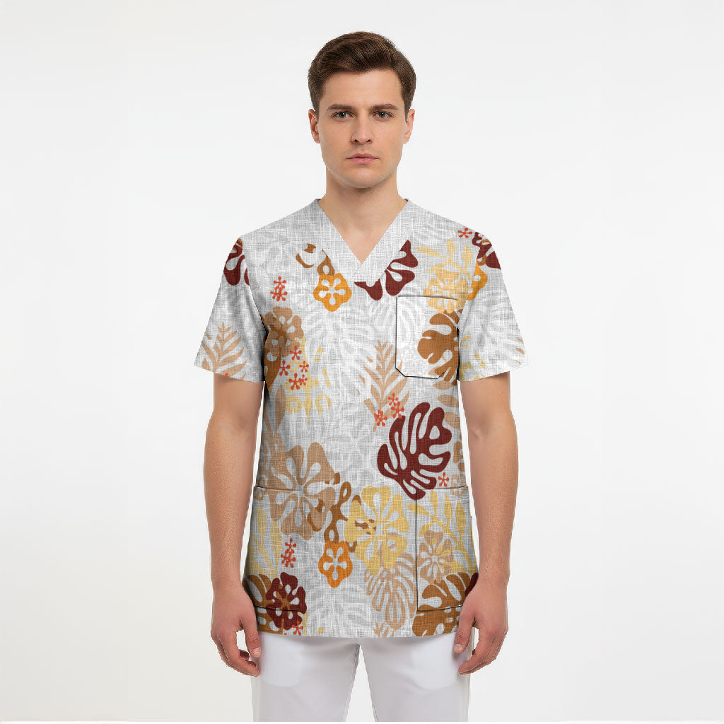 Brown Aloha Hawaiian Scrub Top Monstera Hibiscus Tropical Pattern