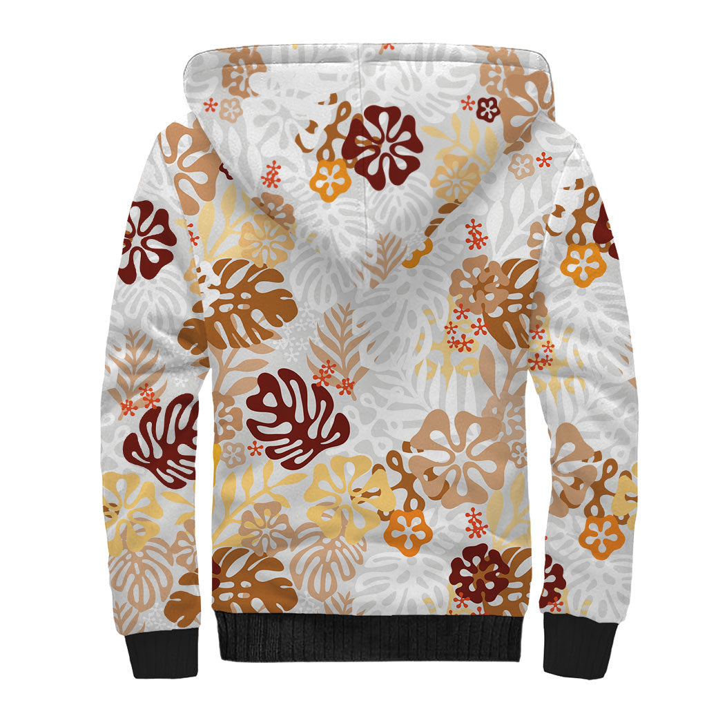Brown Aloha Hawaiian Sherpa Hoodie Monstera Hibiscus Tropical Pattern