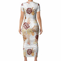 Brown Aloha Hawaiian Short Sleeve Bodycon Dress Monstera Hibiscus Tropical Pattern