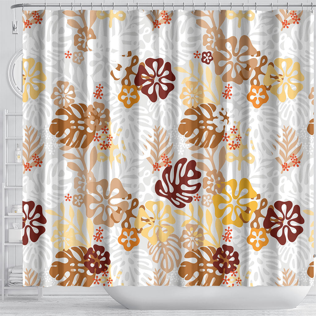 Brown Aloha Hawaiian Shower Curtain Monstera Hibiscus Tropical Pattern