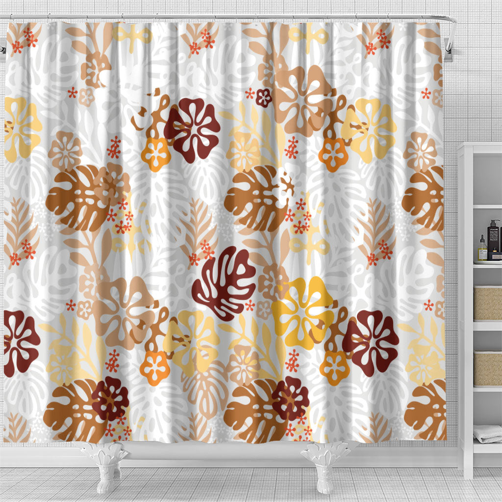 Brown Aloha Hawaiian Shower Curtain Monstera Hibiscus Tropical Pattern