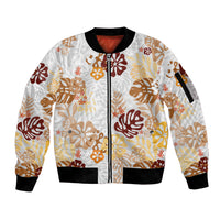 Brown Aloha Hawaiian Sleeve Zip Bomber Jacket Monstera Hibiscus Tropical Pattern