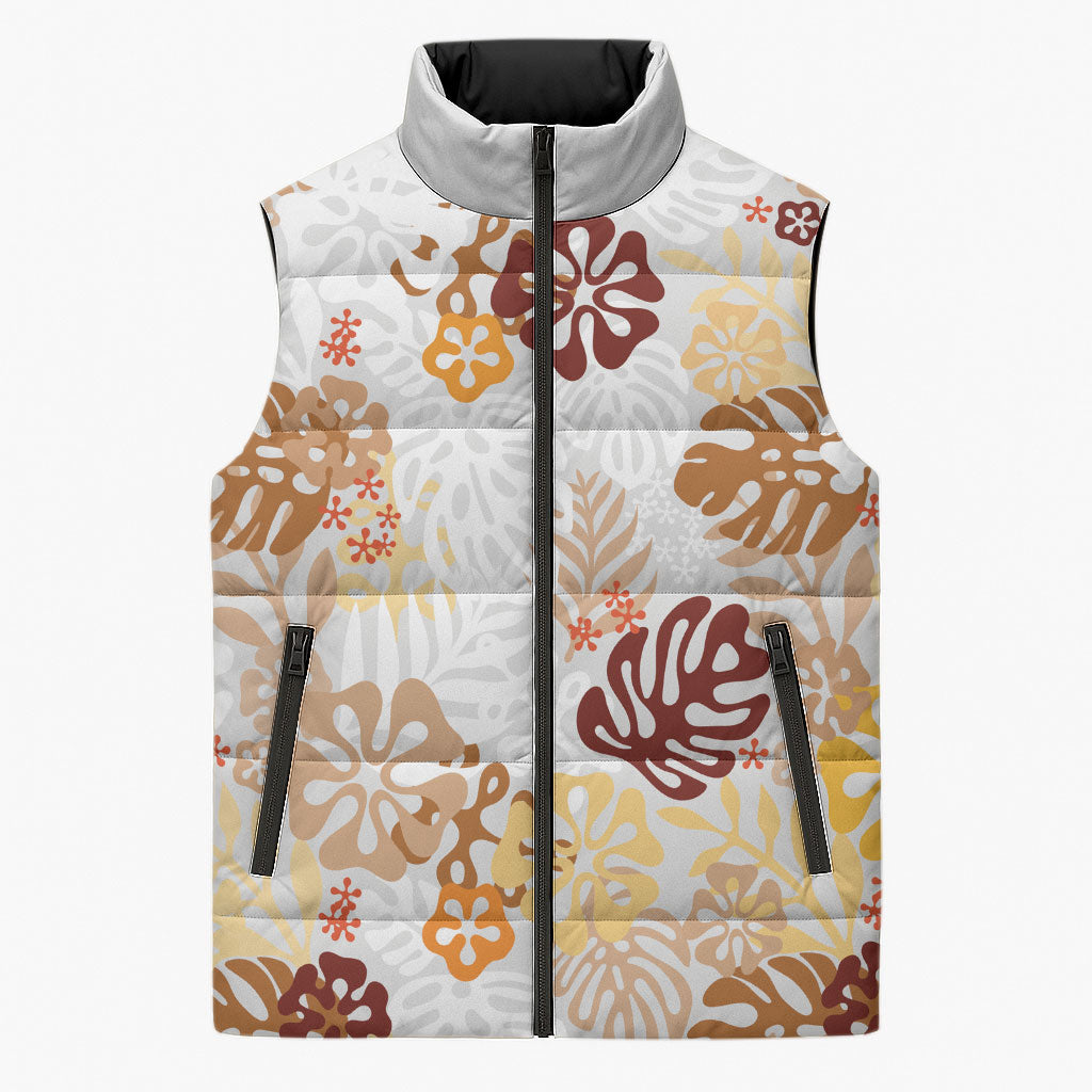 Brown Aloha Hawaiian Sleeveless Puffer Jacket Monstera Hibiscus Tropical Pattern