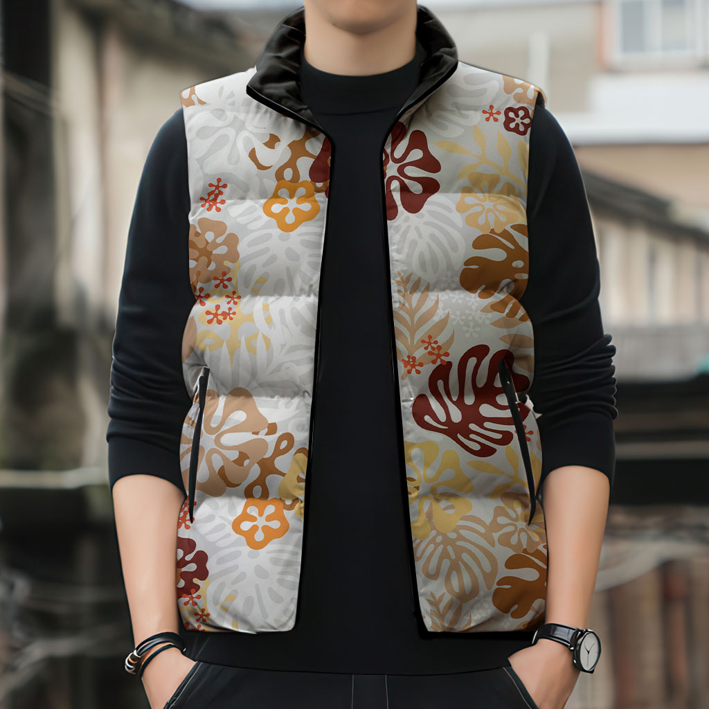 Brown Aloha Hawaiian Sleeveless Puffer Jacket Monstera Hibiscus Tropical Pattern
