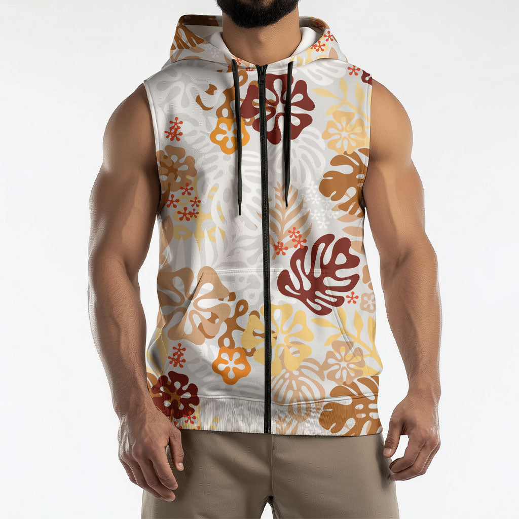 Brown Aloha Hawaiian Sleeveless Zip Hoodie Monstera Hibiscus Tropical Pattern