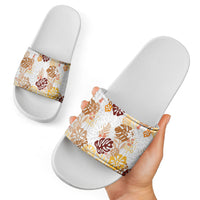 Brown Aloha Hawaiian Slide Sandals Monstera Hibiscus Tropical Pattern