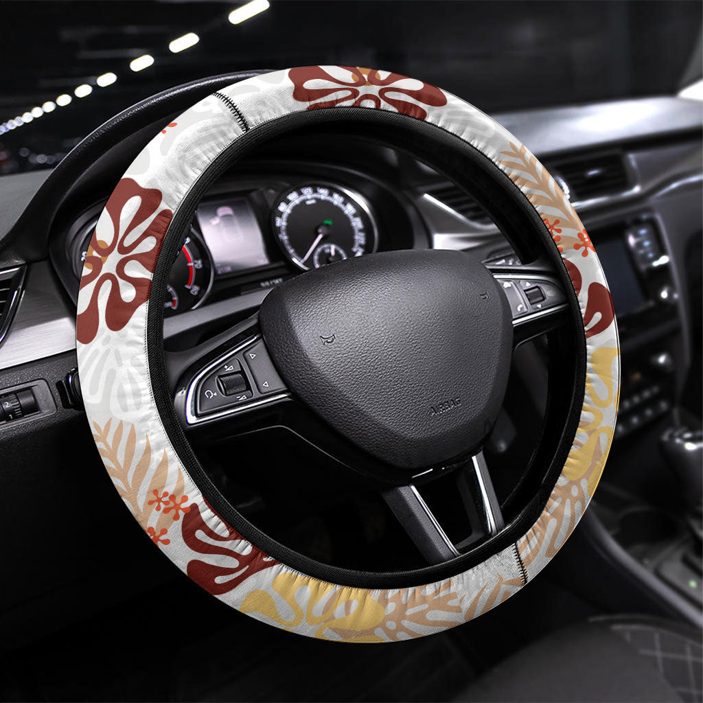 Brown Aloha Hawaiian Steering Wheel Cover Monstera Hibiscus Tropical Pattern