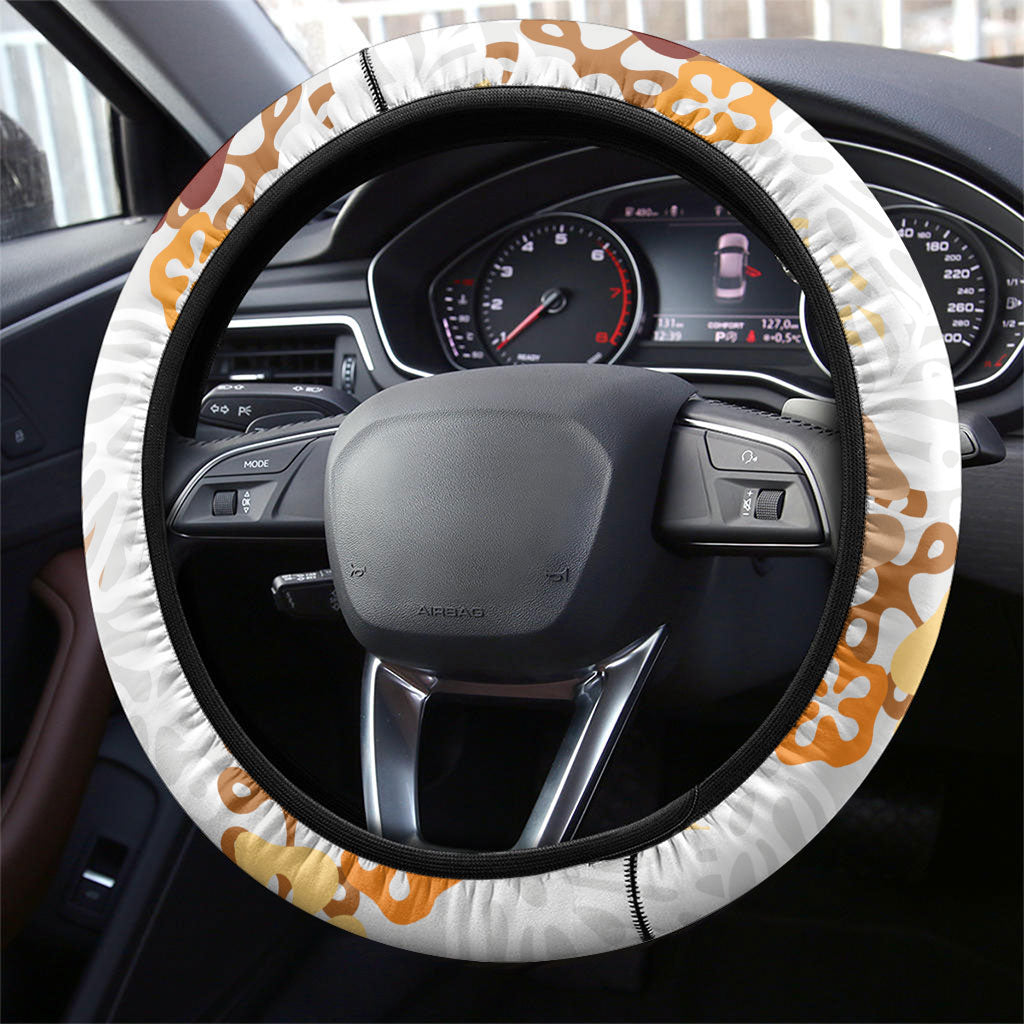 Brown Aloha Hawaiian Steering Wheel Cover Monstera Hibiscus Tropical Pattern