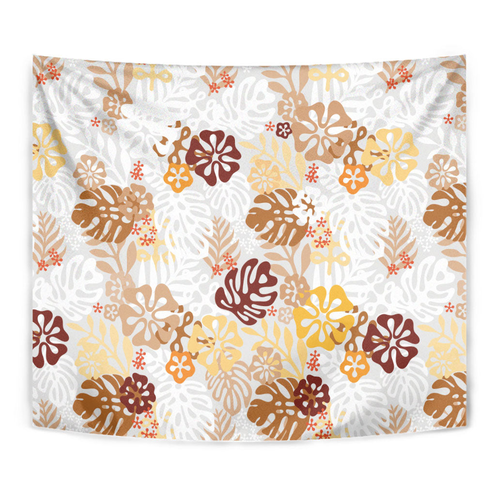 Brown Aloha Hawaiian Tapestry Monstera Hibiscus Tropical Pattern