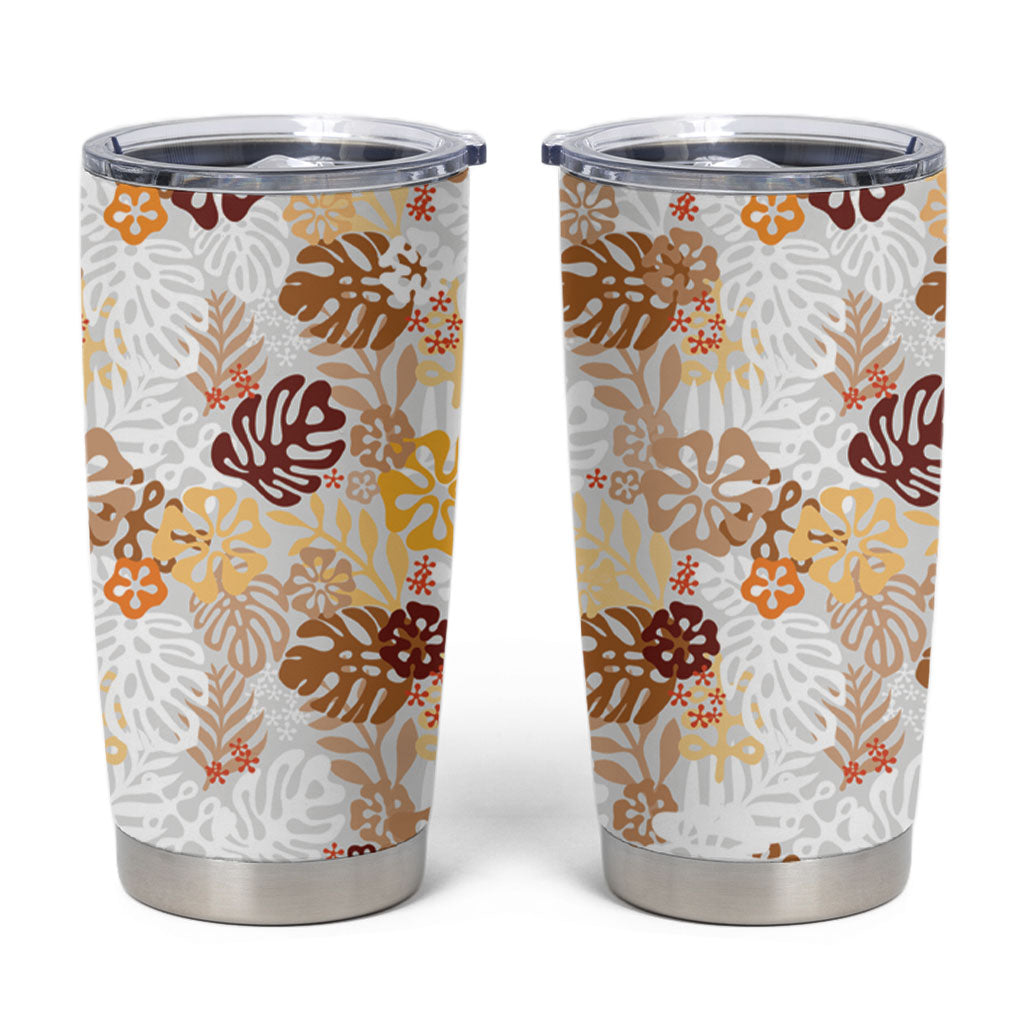 Brown Aloha Hawaiian Tumbler Cup Monstera Hibiscus Tropical Pattern
