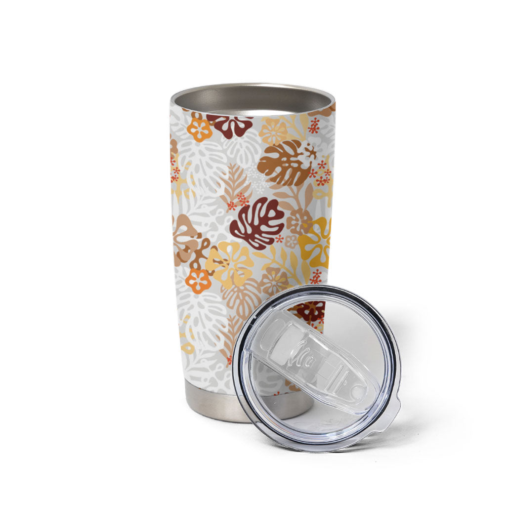Brown Aloha Hawaiian Tumbler Cup Monstera Hibiscus Tropical Pattern