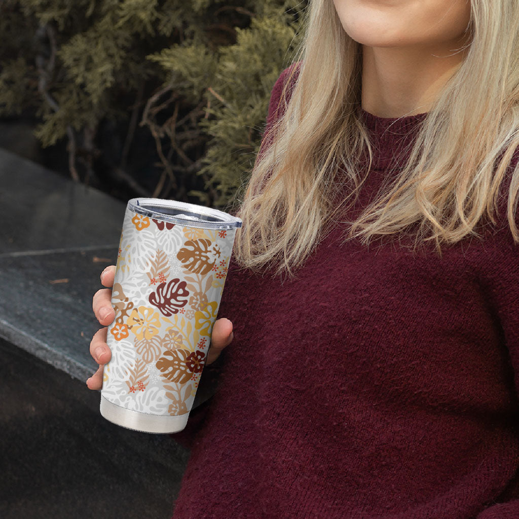 Brown Aloha Hawaiian Tumbler Cup Monstera Hibiscus Tropical Pattern