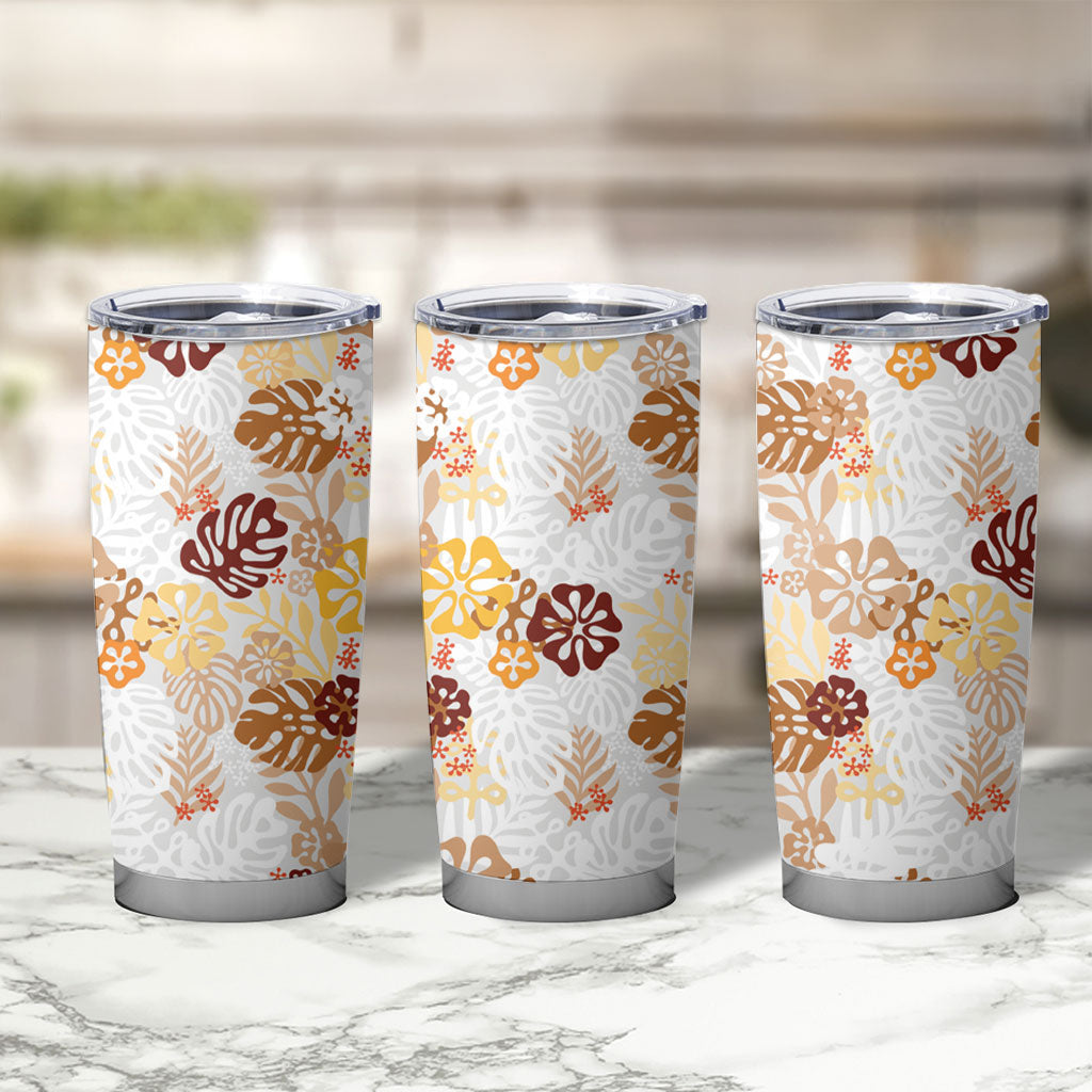 Brown Aloha Hawaiian Tumbler Cup Monstera Hibiscus Tropical Pattern