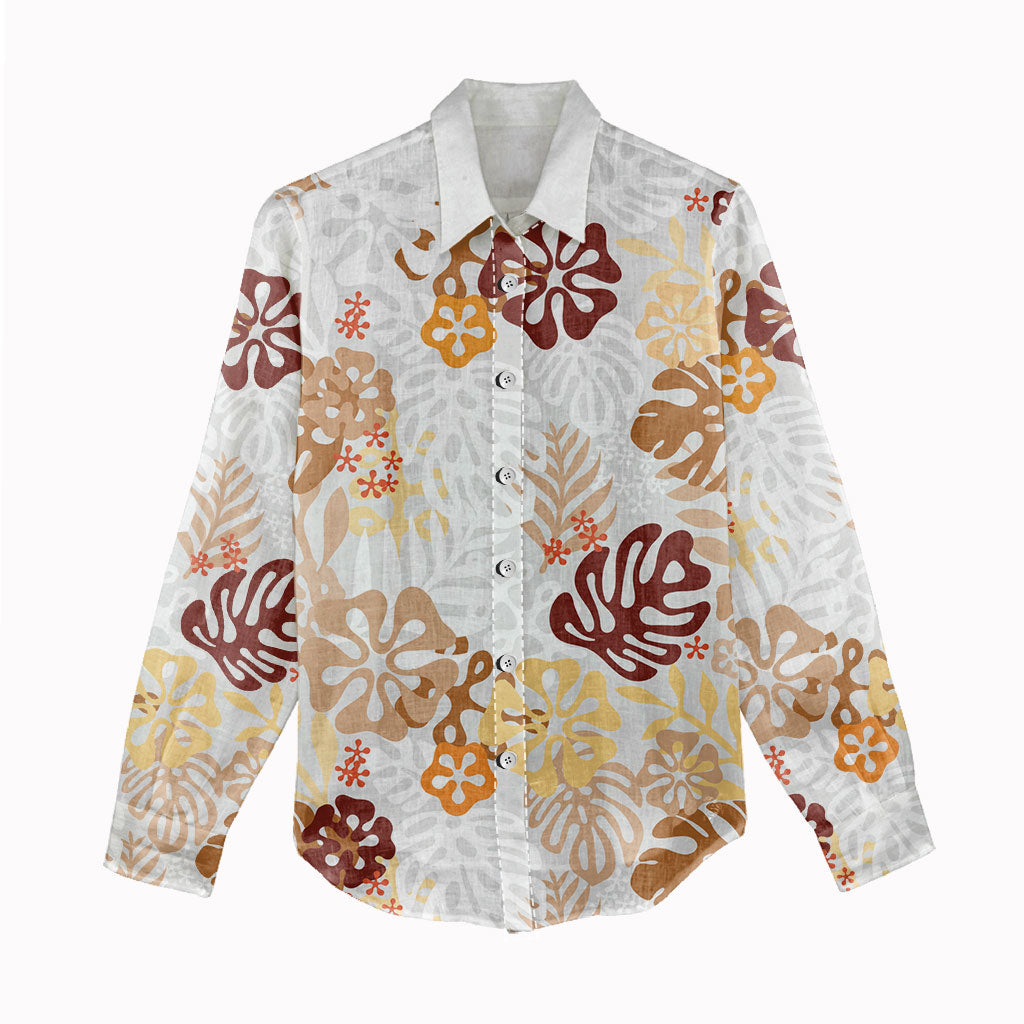 Brown Aloha Hawaiian Women Casual Shirt Monstera Hibiscus Tropical Pattern