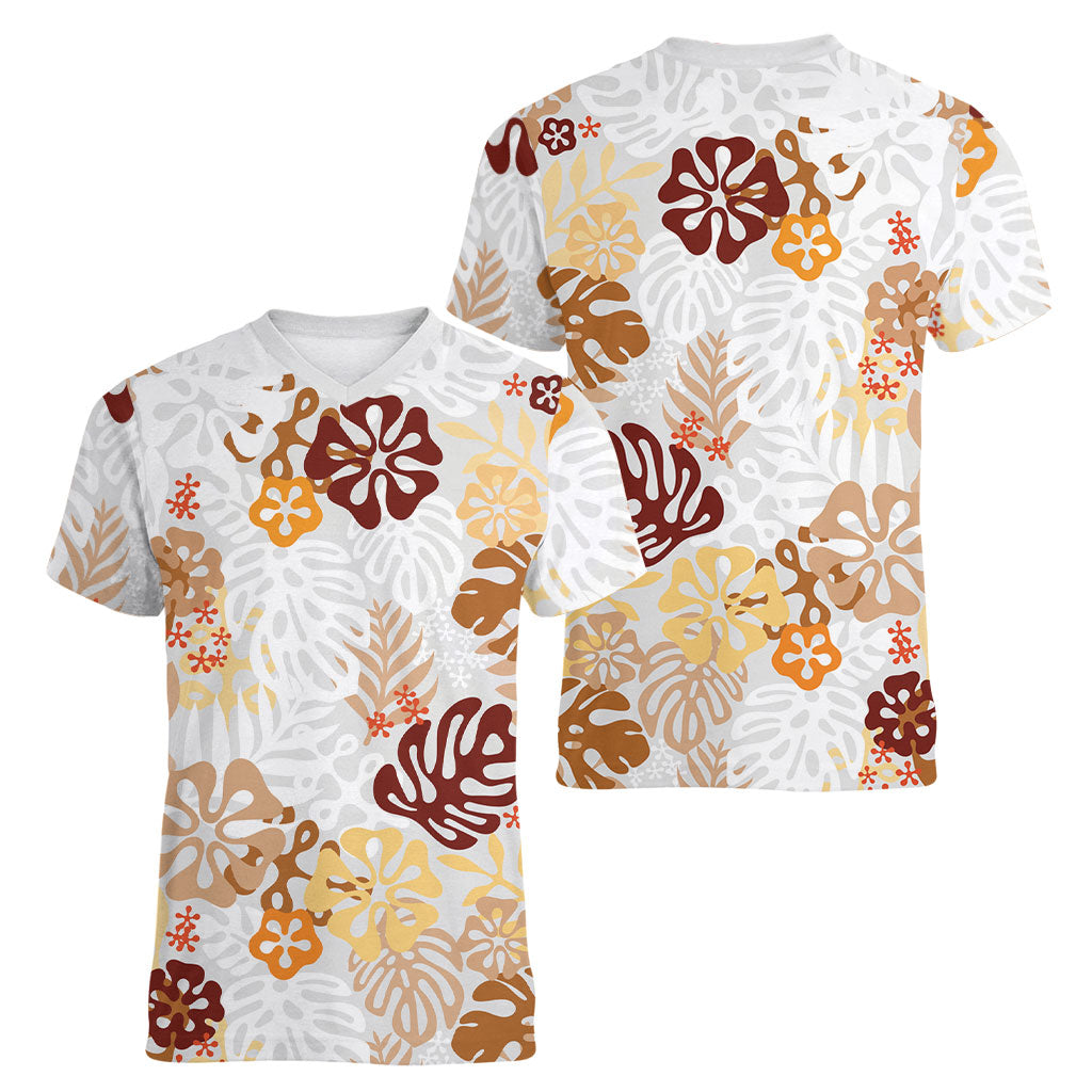Brown Aloha Hawaiian Women V-Neck T-Shirt Monstera Hibiscus Tropical Pattern