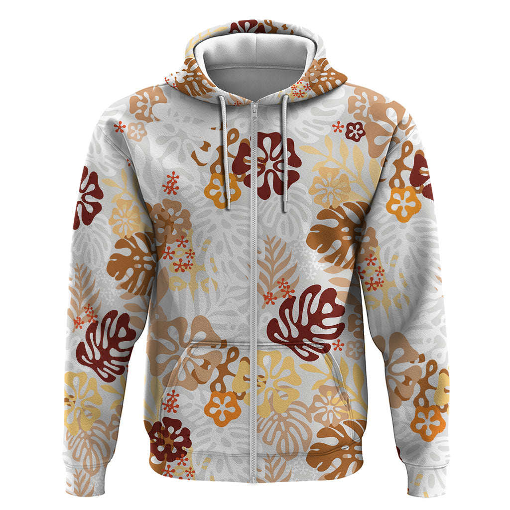 Brown Aloha Hawaiian Zip Hoodie Monstera Hibiscus Tropical Pattern