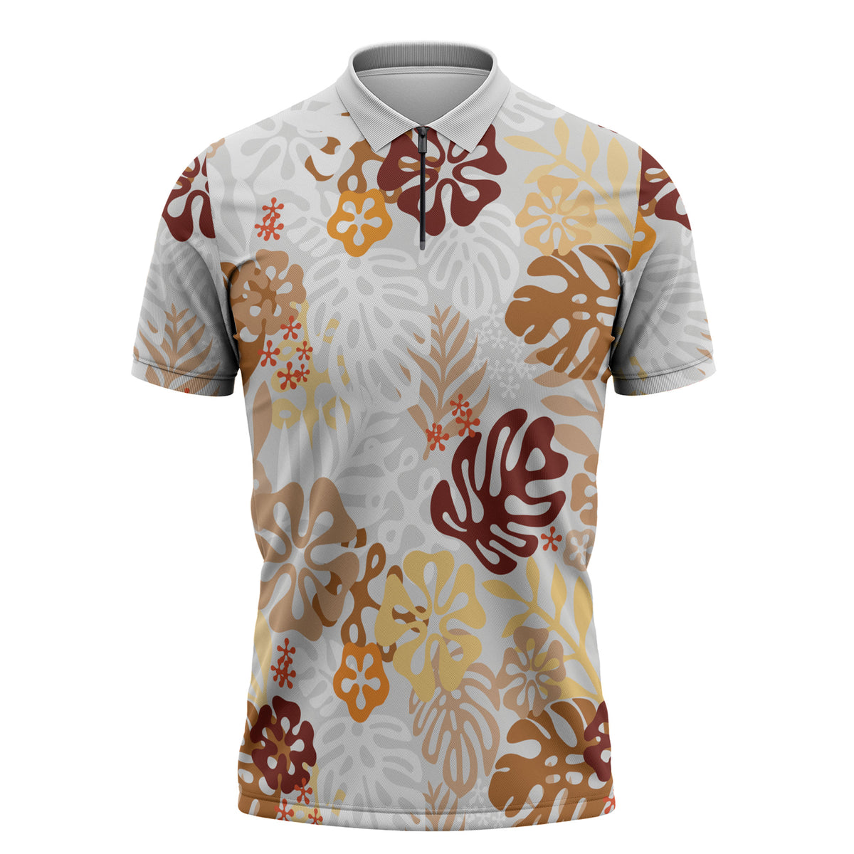 Brown Aloha Hawaiian Zipper Polo Shirt Monstera Hibiscus Tropical Pattern