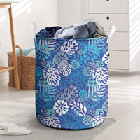 Blue Aloha Hawaiian Laundry Basket Monstera Hibiscus Tropical Pattern