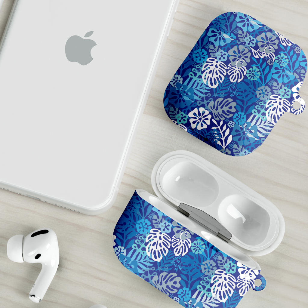 Blue Aloha Hawaiian AirPods Case Monstera Hibiscus Tropical Pattern