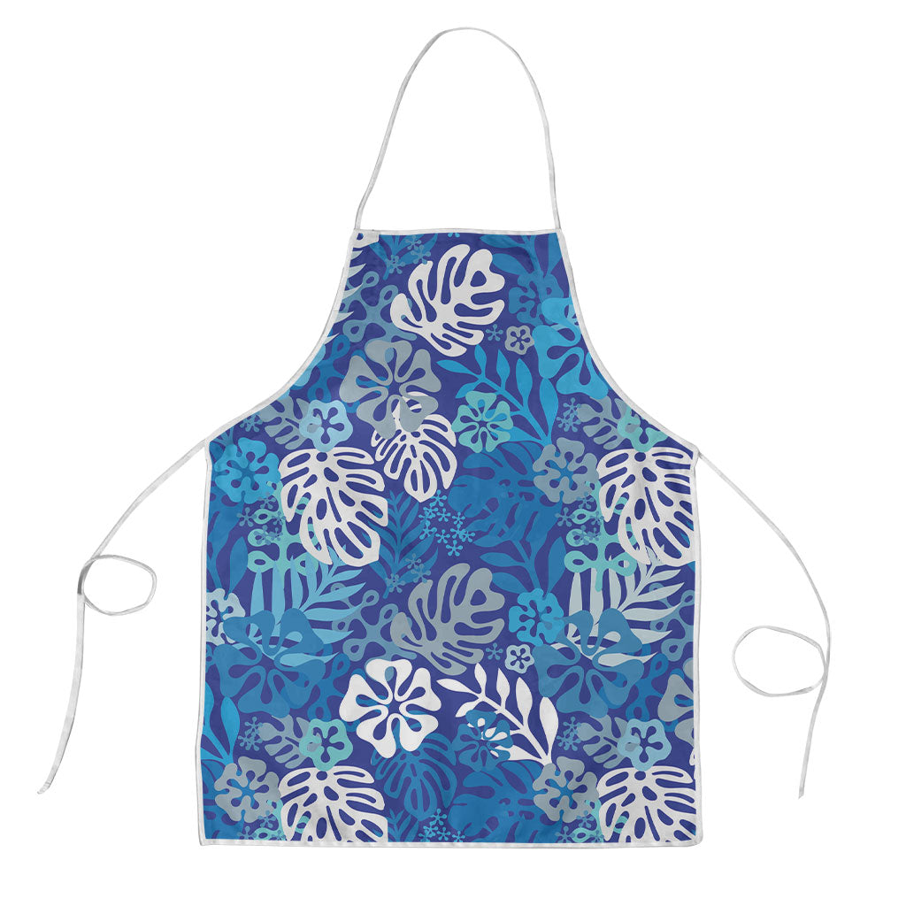Blue Aloha Hawaiian Apron Monstera Hibiscus Tropical Pattern LT19 Blue - Polynesian Pride