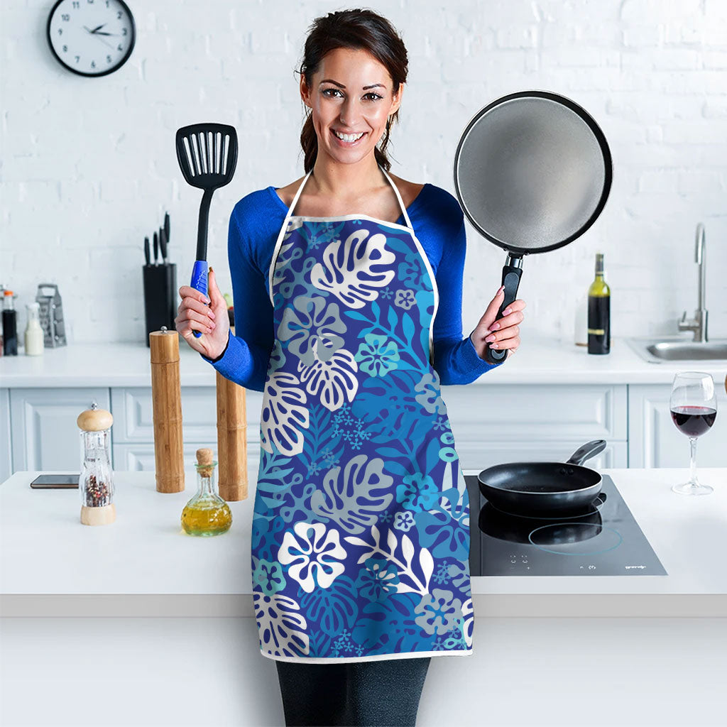 Blue Aloha Hawaiian Apron Monstera Hibiscus Tropical Pattern
