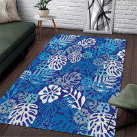 Blue Aloha Hawaiian Area Rug Monstera Hibiscus Tropical Pattern