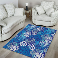 Blue Aloha Hawaiian Area Rug Monstera Hibiscus Tropical Pattern