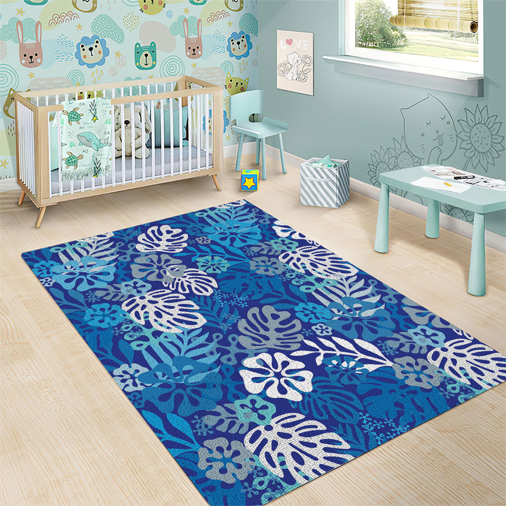 Blue Aloha Hawaiian Area Rug Monstera Hibiscus Tropical Pattern