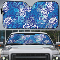 Blue Aloha Hawaiian Auto Sun Shade Monstera Hibiscus Tropical Pattern
