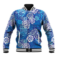 Blue Aloha Hawaiian Baseball Jacket Monstera Hibiscus Tropical Pattern