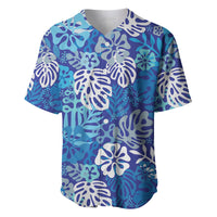 Blue Aloha Hawaiian Baseball Jersey Monstera Hibiscus Tropical Pattern