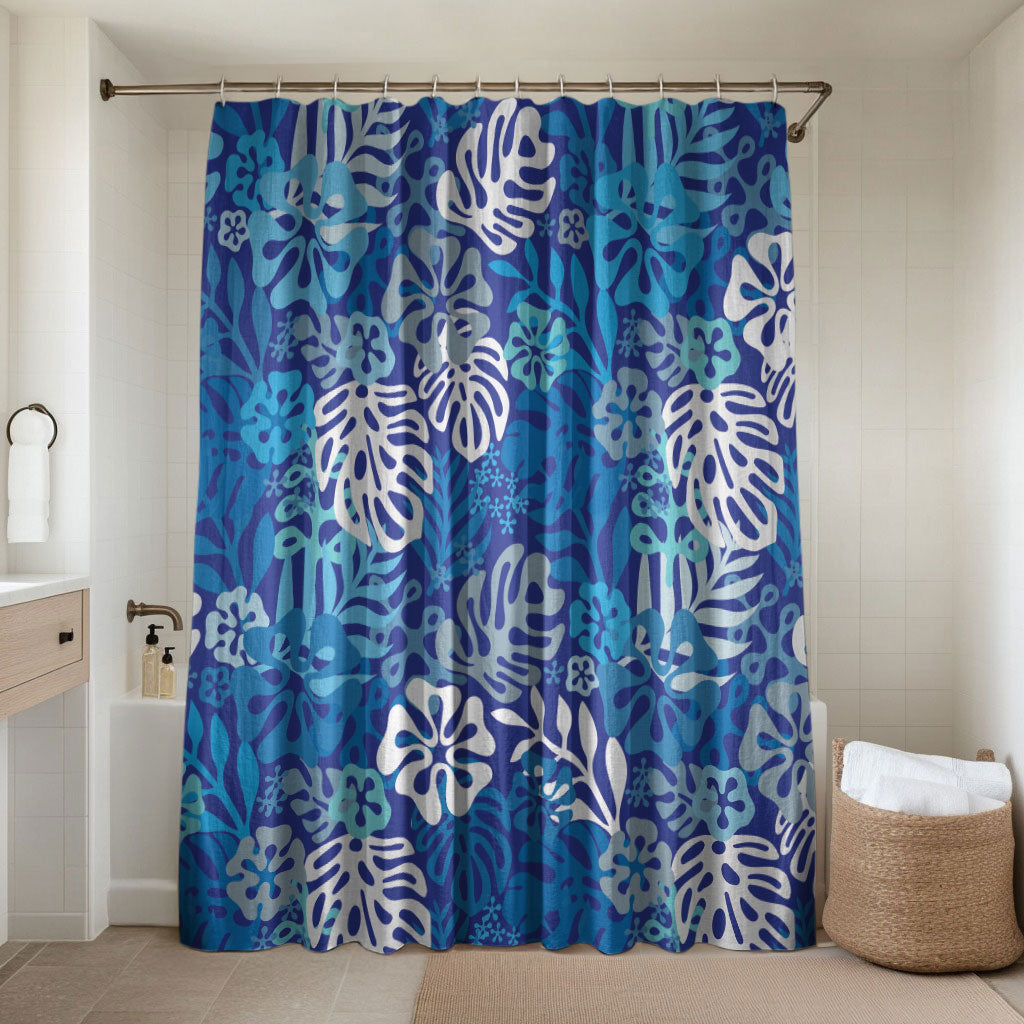Blue Aloha Hawaiian Bathroom Set Monstera Hibiscus Tropical Pattern