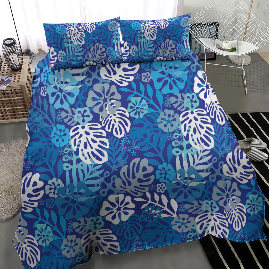 Blue Aloha Hawaiian Bedding Set Monstera Hibiscus Tropical Pattern