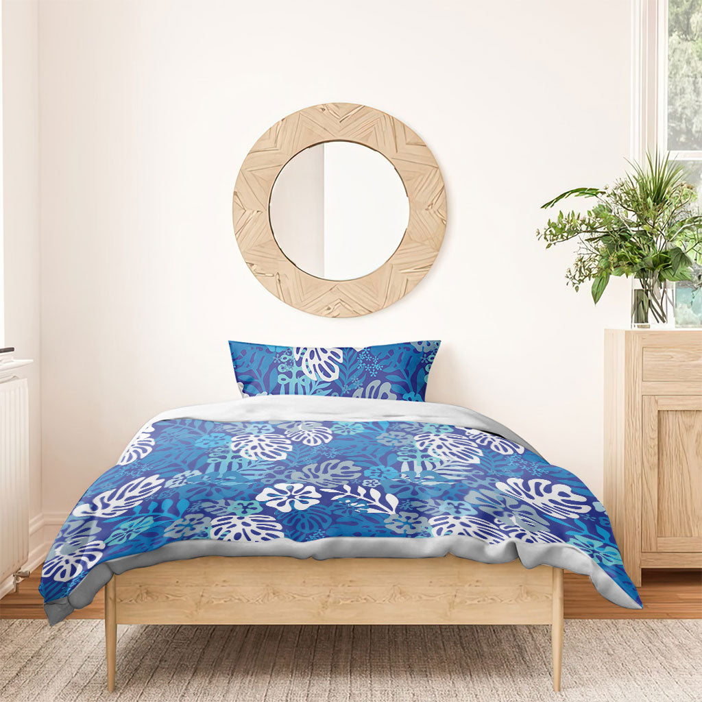 Blue Aloha Hawaiian Bedding Set Monstera Hibiscus Tropical Pattern