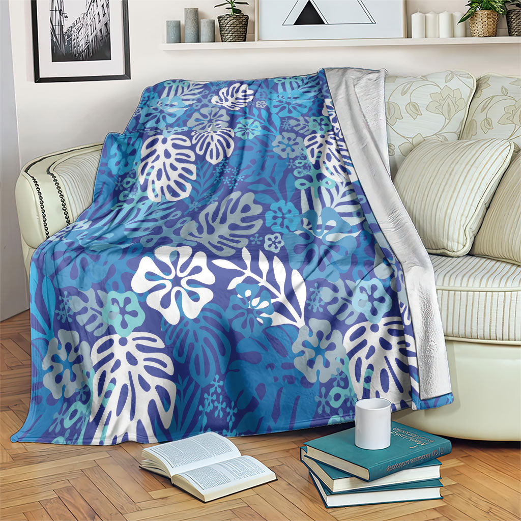 Blue Aloha Hawaiian Blanket Monstera Hibiscus Tropical Pattern