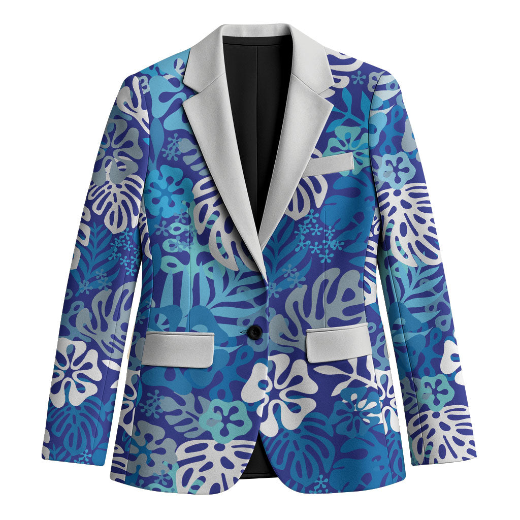 Blue Aloha Hawaiian Blazer Monstera Hibiscus Tropical Pattern