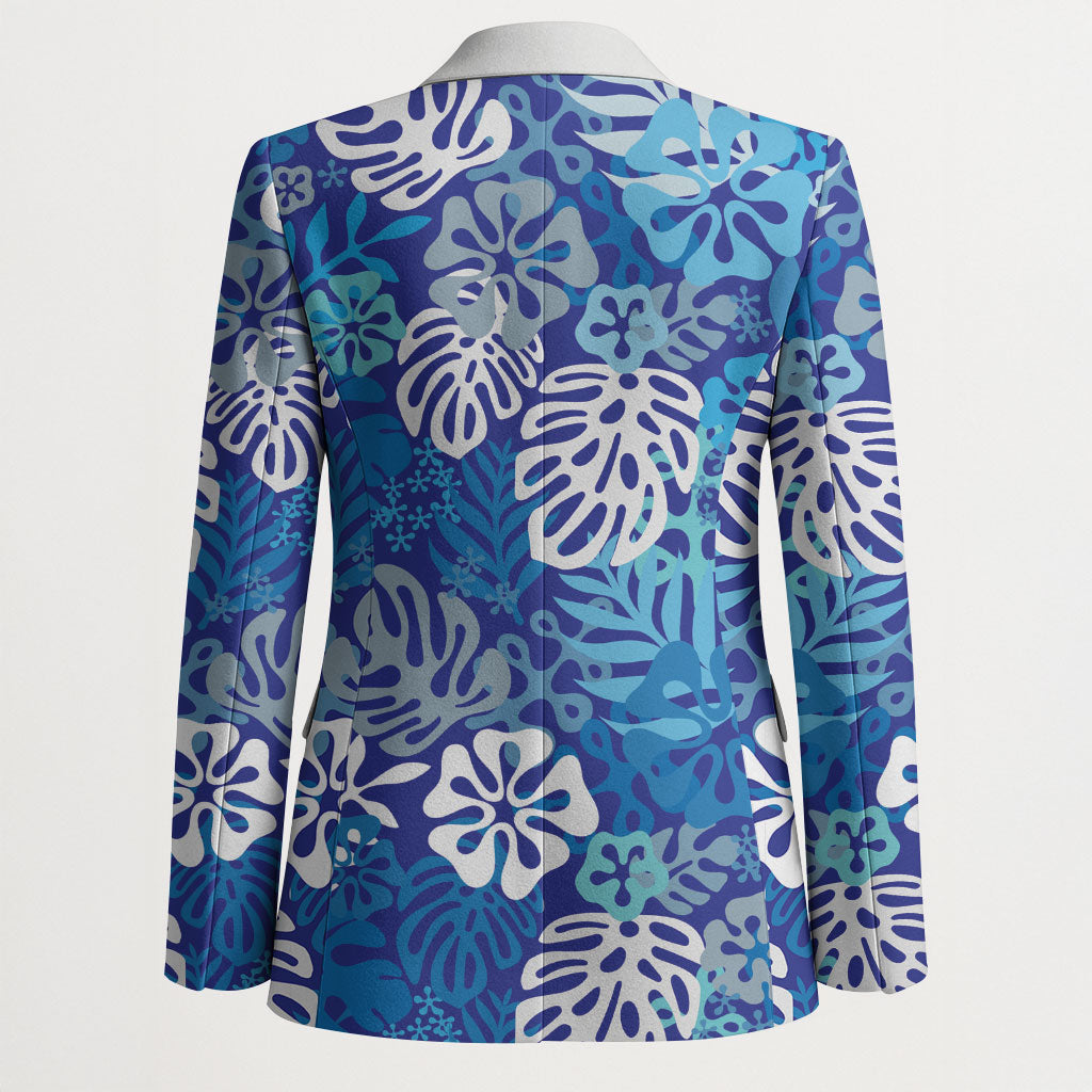Blue Aloha Hawaiian Blazer Monstera Hibiscus Tropical Pattern
