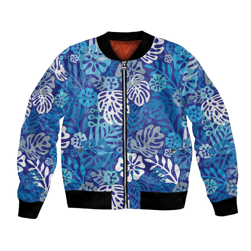 Blue Aloha Hawaiian Bomber Jacket Monstera Hibiscus Tropical Pattern
