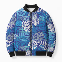 Blue Aloha Hawaiian Bomber Puffer Jacket Monstera Hibiscus Tropical Pattern