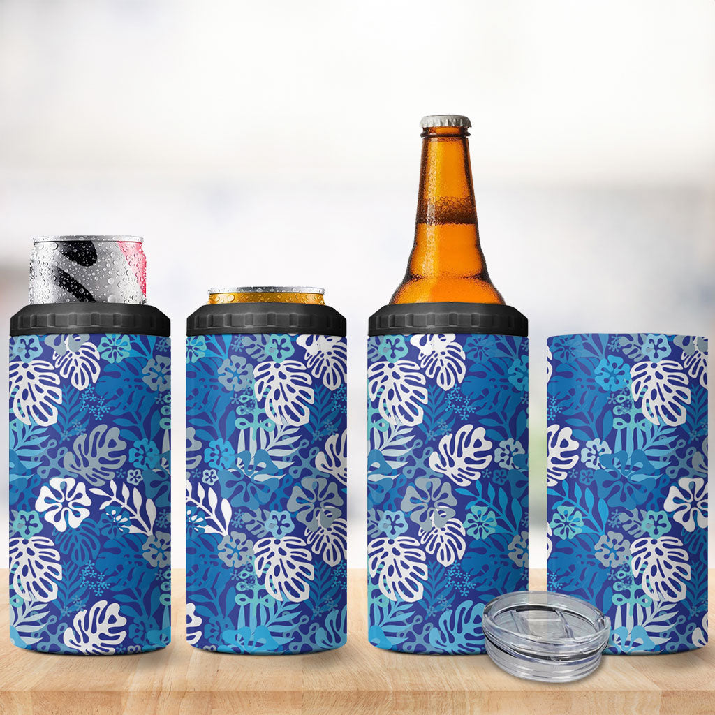 Blue Aloha Hawaiian 4 in 1 Can Cooler Tumbler Monstera Hibiscus Tropical Pattern