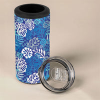 Blue Aloha Hawaiian 4 in 1 Can Cooler Tumbler Monstera Hibiscus Tropical Pattern