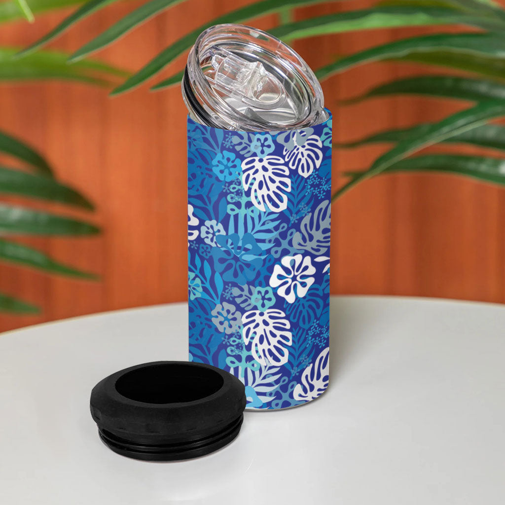 Blue Aloha Hawaiian 4 in 1 Can Cooler Tumbler Monstera Hibiscus Tropical Pattern
