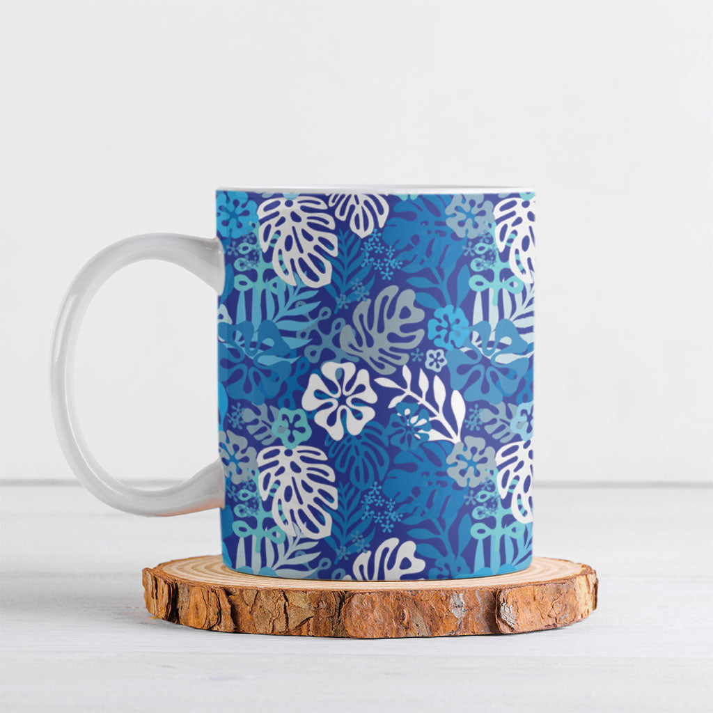 Blue Aloha Hawaiian Ceramic Mug Monstera Hibiscus Tropical Pattern