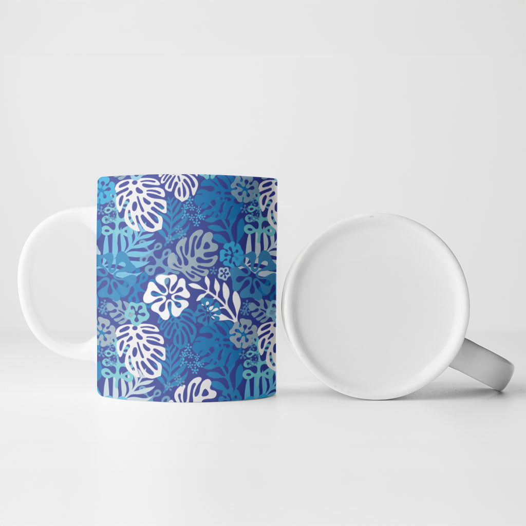 Blue Aloha Hawaiian Ceramic Mug Monstera Hibiscus Tropical Pattern