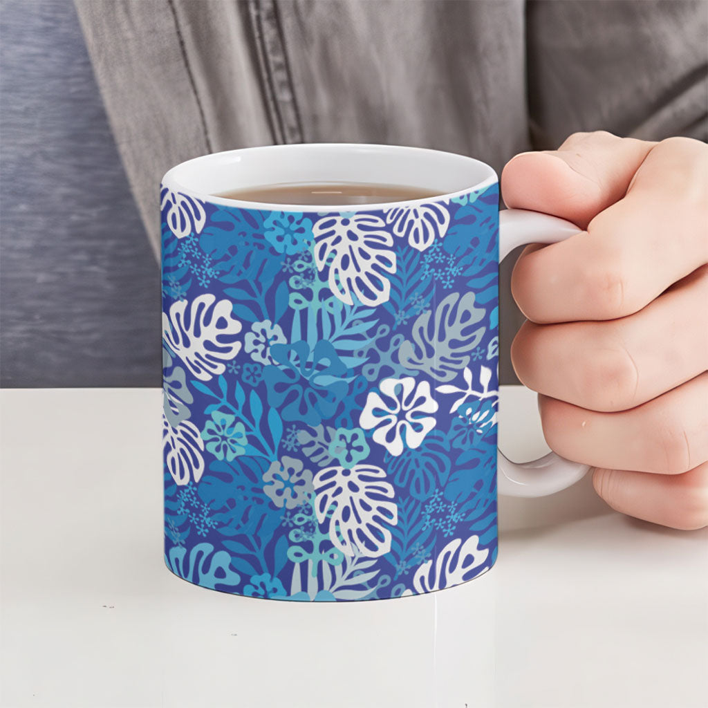 Blue Aloha Hawaiian Ceramic Mug Monstera Hibiscus Tropical Pattern
