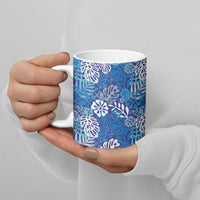 Blue Aloha Hawaiian Ceramic Mug Monstera Hibiscus Tropical Pattern