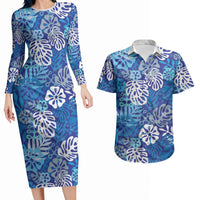 Blue Aloha Hawaiian Couples Matching Long Sleeve Bodycon Dress and Hawaiian Shirt Monstera Hibiscus Tropical Pattern